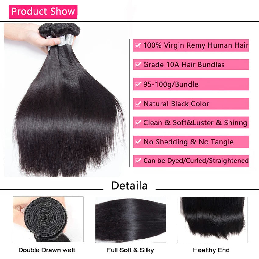 Human Hair Bundles 1/3/4 Piece Hair Extension for Women Brazilian Straight Human Hair Weave Bundles Natural Black 12A  Hair