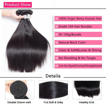 Human Hair Bundles 1/3/4 Piece Hair Extension for Women Brazilian Straight Human Hair Weave Bundles Natural Black 12A  Hair