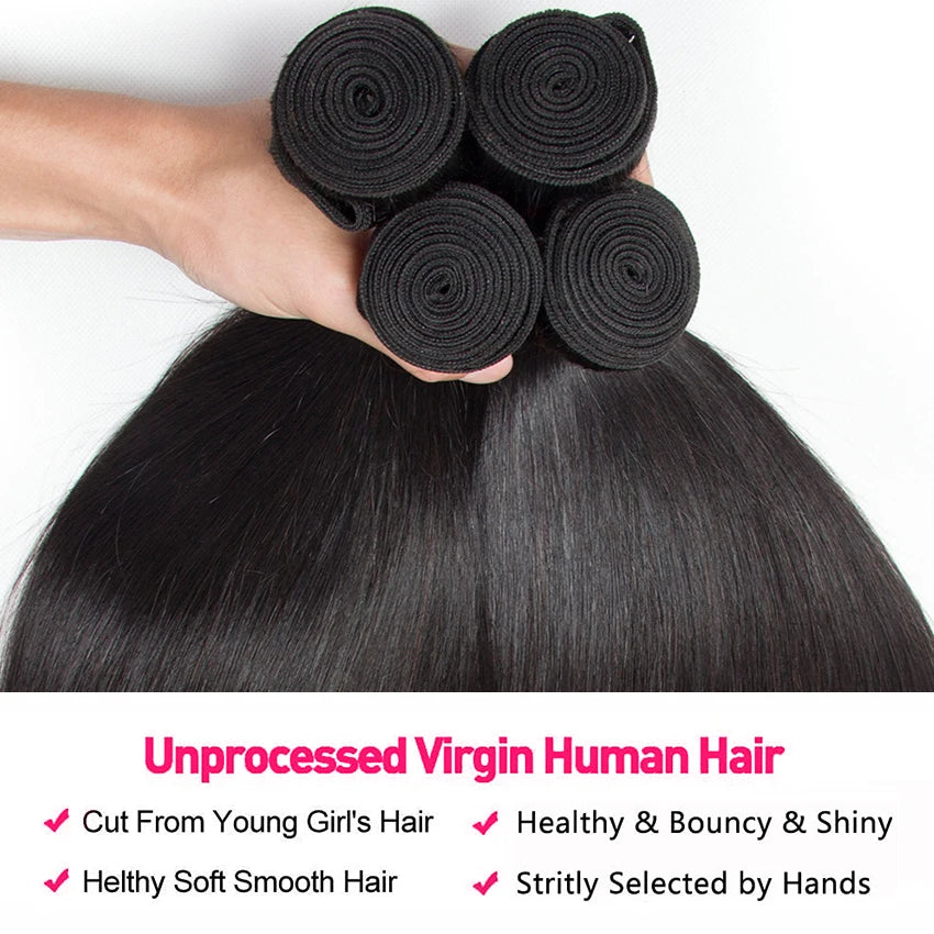 Human Hair Bundles 1/3/4 Piece Hair Extension for Women Brazilian Straight Human Hair Weave Bundles Natural Black 12A  Hair